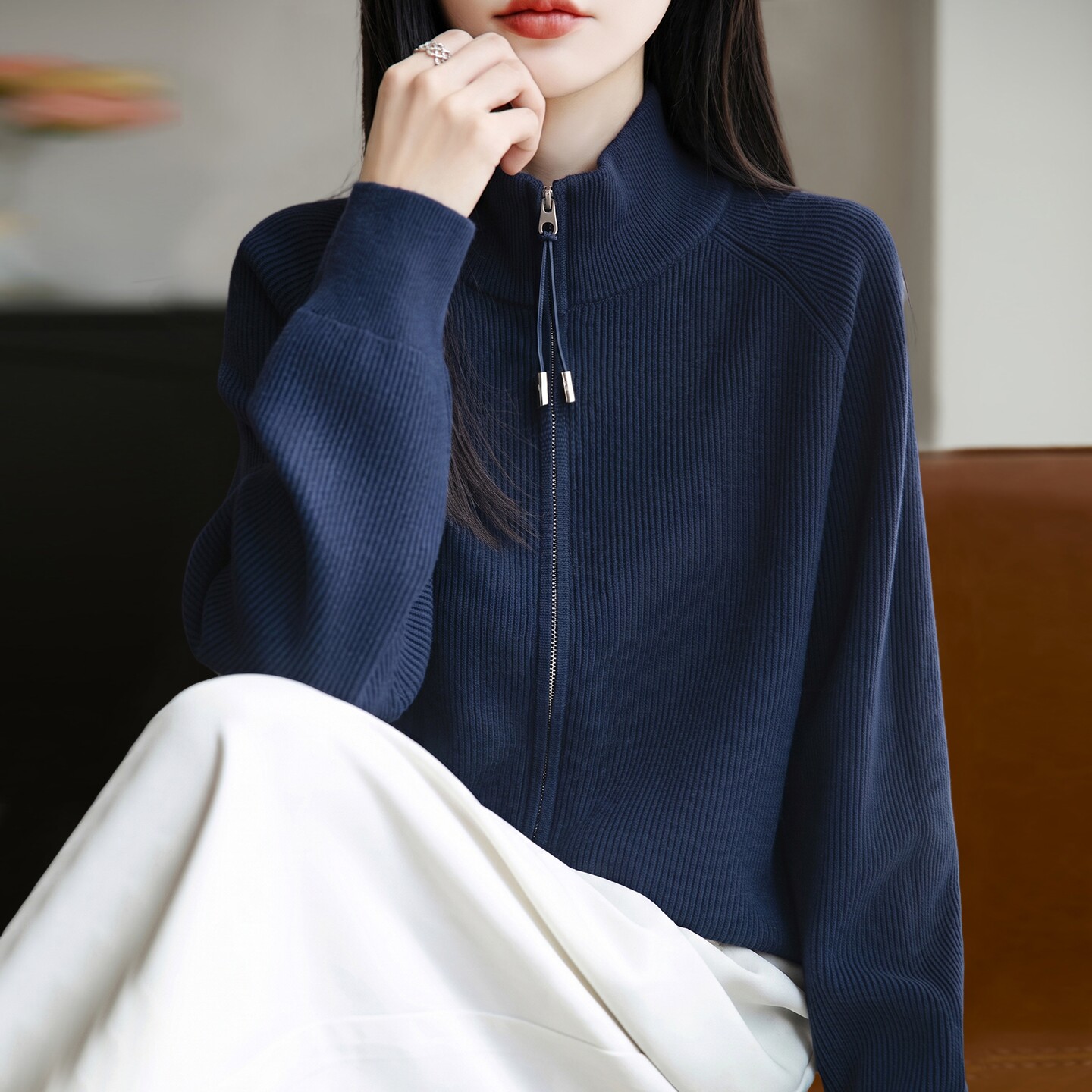 2026新款纯色高领秋季大码针织开衫外套女洋气中老年女装上衣毛衣
