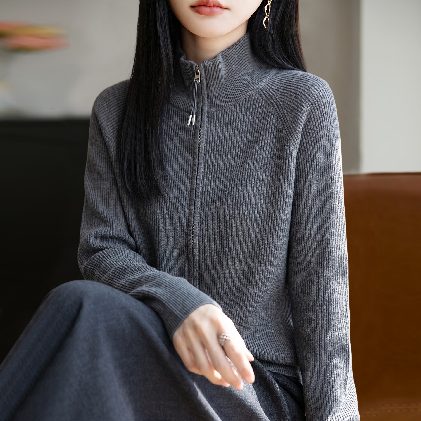 2026新款纯色高领秋季大码针织开衫外套女洋气中老年女装上衣毛衣
