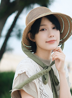 Lion~Liz 原创复古波奈特草帽飘带大檐圆顶拼接遮阳帽bb帽bonnet