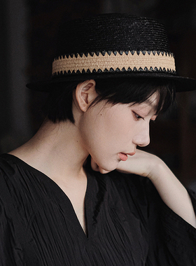 Lion~黑曜石 细致麦秆平顶平檐草帽遮阳帽黑色boater hat男女分码