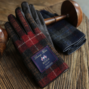 Lion 可触屏 自留英国进口Moon羊毛tweed粗花呢拼接绵羊皮手套女款