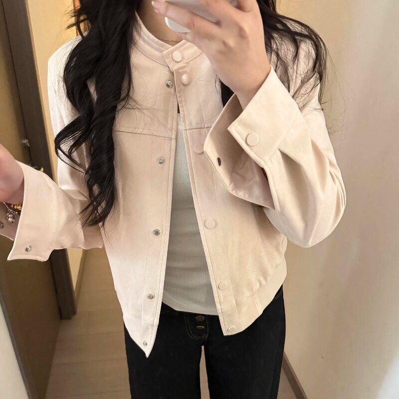 好质量原版质量浅粉色门禁四合扣短外套立领宽松长袖上衣女春秋
