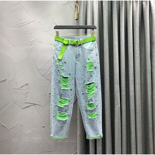 欧货重工钉珠乞丐破洞牛仔裤女潮2025夏秋新款宽松显瘦小脚哈伦裤