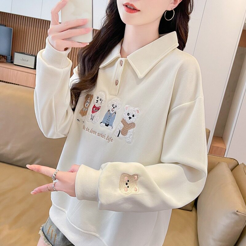 实拍仿华棉复合春秋卫衣女新款刺绣POLO设计感小个子宽松上衣图片