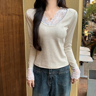 4627实拍280克绵羊绒蕾丝花边拼接打底衫女秋冬长袖T恤加绒德绒