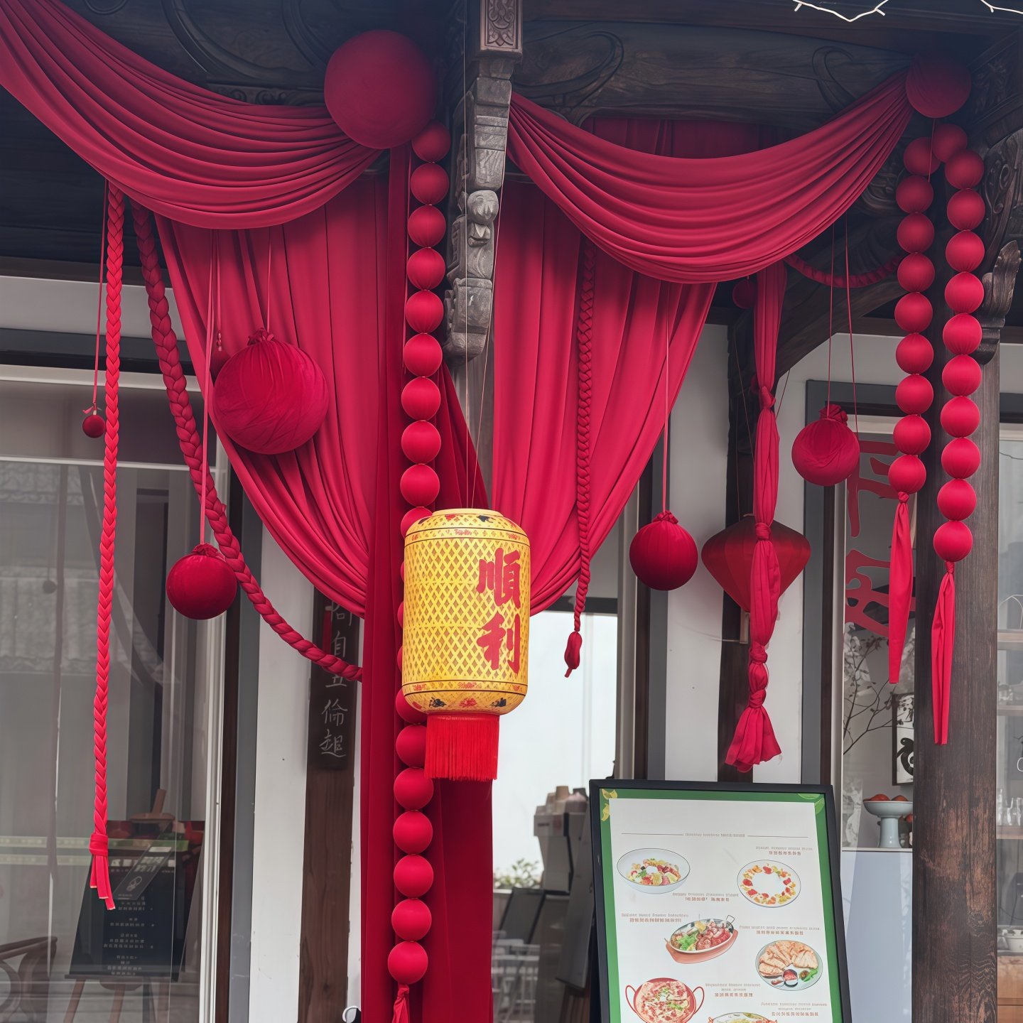 新年红色丝绒球泡沫球串油纸灯笼布幔店铺门头春节氛围感打卡装置,节庆用品/礼品,装扮布置套餐,淘宝优惠券,粉丝福利购,淘宝优惠卷