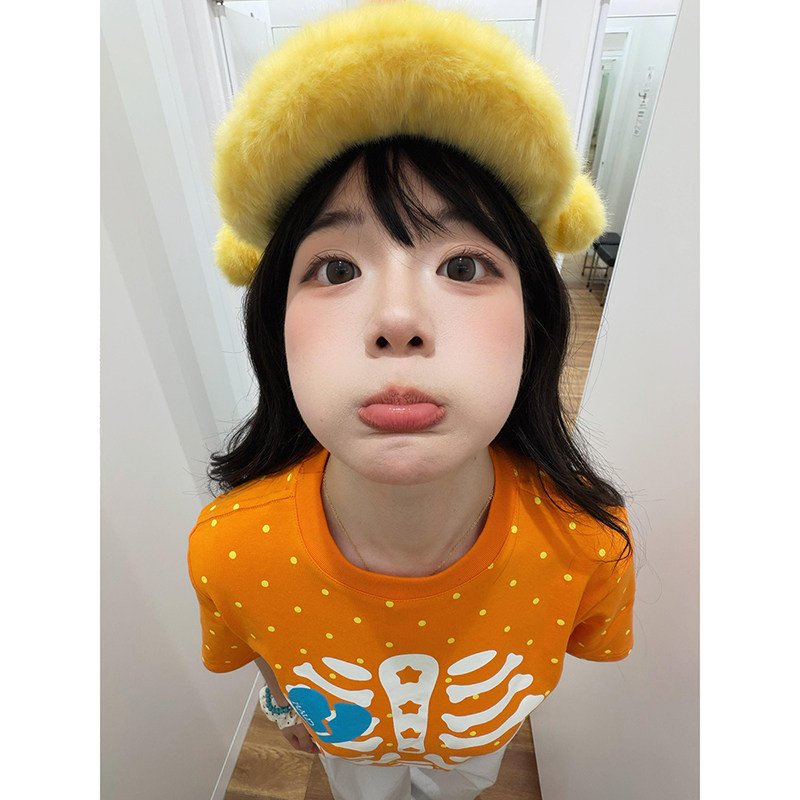 外贸原单出口~橙色多巴胺波点正肩短袖t恤女夏季修身显瘦短款上衣