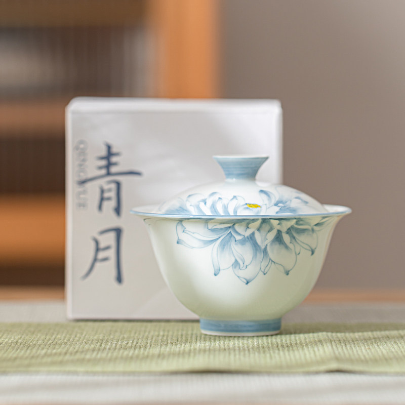 釉下手绘三才盖碗茶杯泡茶碗白瓷青花精致高档功夫茶单个羊脂玉瓷