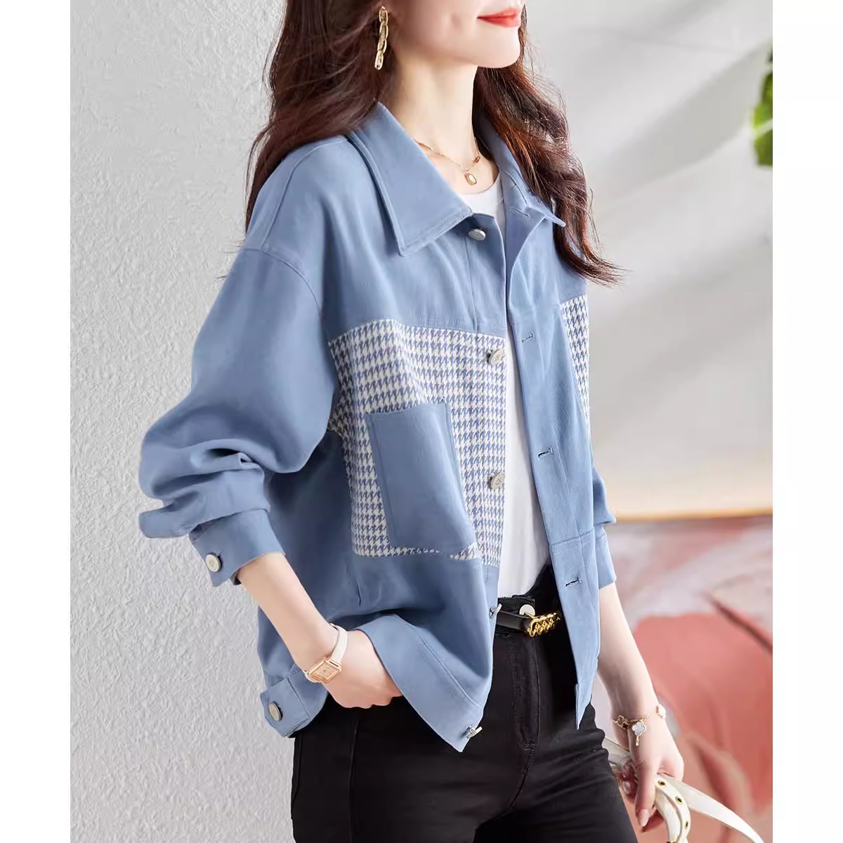 长袖衬衫女设计感小众2025年新款时尚洋气小个子撞色宽松翻领上衣