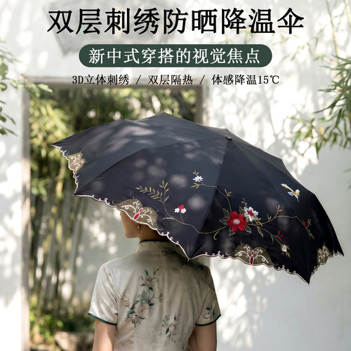 树邻黑胶双层刺绣三折叠便携防晒