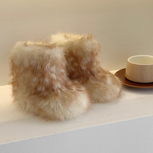 韩国童鞋 Y2K毛毛雪地靴儿童棉靴彷貉子狐狸毛外穿毛茸茸女童短靴