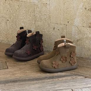 ASM 真皮花朵儿童马丁靴女童靴子2025冬加绒宝宝棉靴小童公主短靴