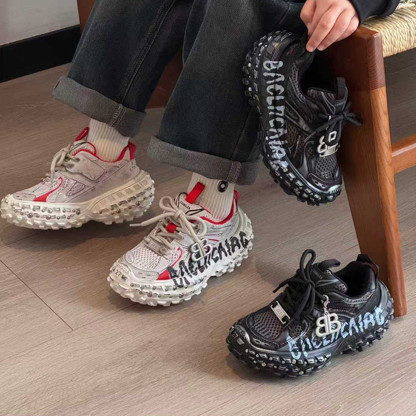 ASM做旧脏脏潮鞋男女童铆钉运动