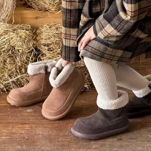 NIXIL 韩国童鞋真皮儿童靴子女童短靴冬加绒保暖棉鞋羊羔毛雪地靴