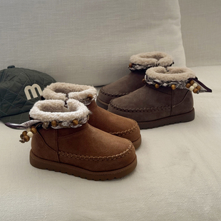 ASM 加绒羊羔毛短靴潮 波西米亚风丝带儿童雪地靴女童棉靴2025冬季