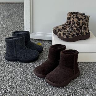 潮 加厚保暖男童短靴中大童鞋 ASM 毛呢豹纹女童棉靴儿童雪地靴冬季