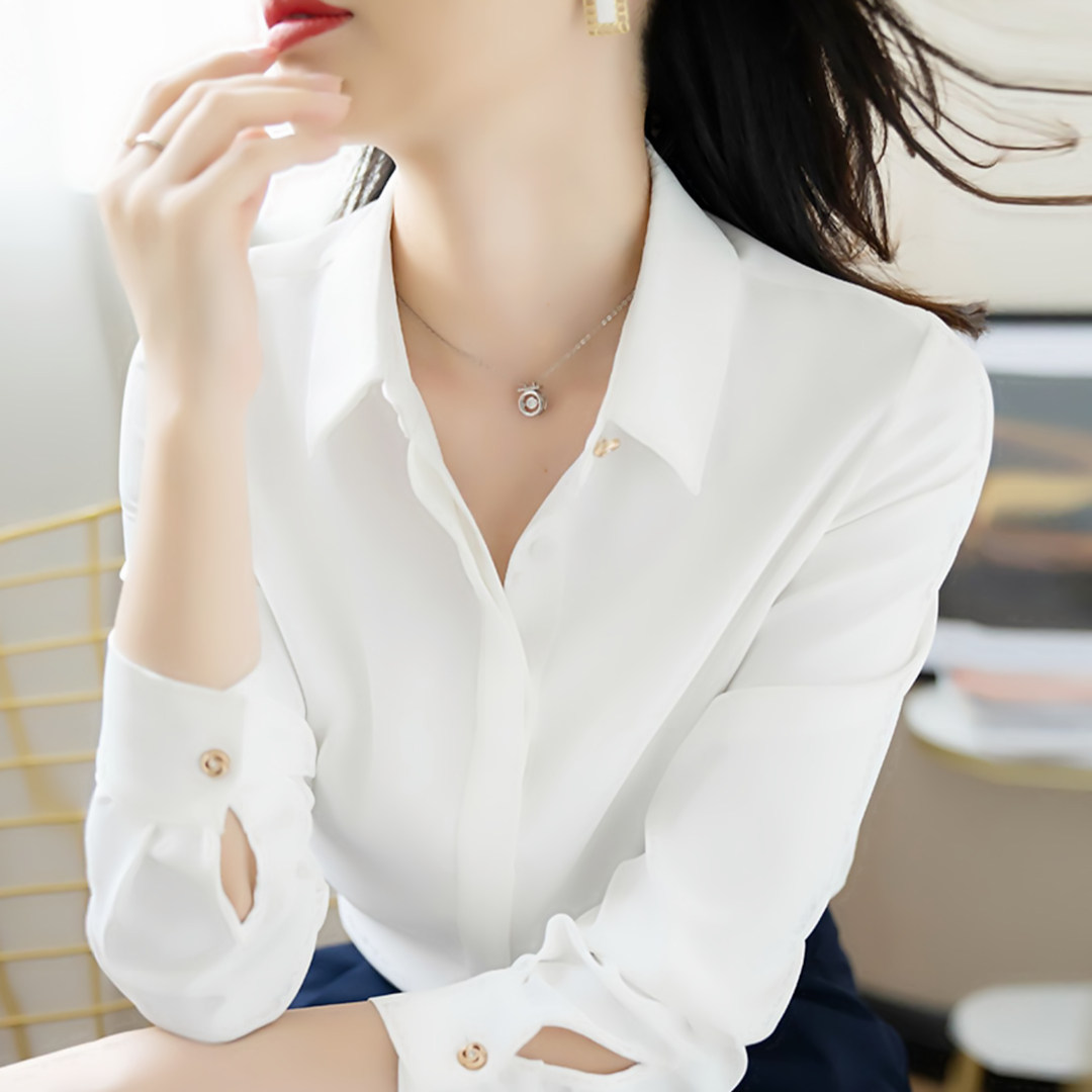 高级感轻奢雪纺衬衫女秋季长袖上衣通勤职业气质内搭洋气衬衣白色