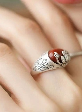 2026复古国风文艺范仿南红戒指百搭民族风祥云花纹戒指女生厂家直