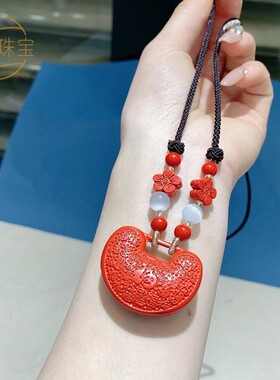 2026A天然朱砂福牌帝王百福锁牌项链红砂平安长命如意男女挂件情
