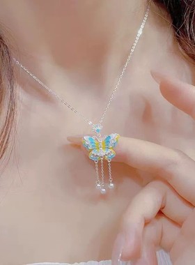 2026新款仙女新中式彩色蝴蝶流苏锁骨链汉服搭配旅游拍照清新甜美