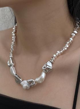 2025冷淡风碎银银色异型不规则串珠项链小众巴洛克珍珠气质锁骨链