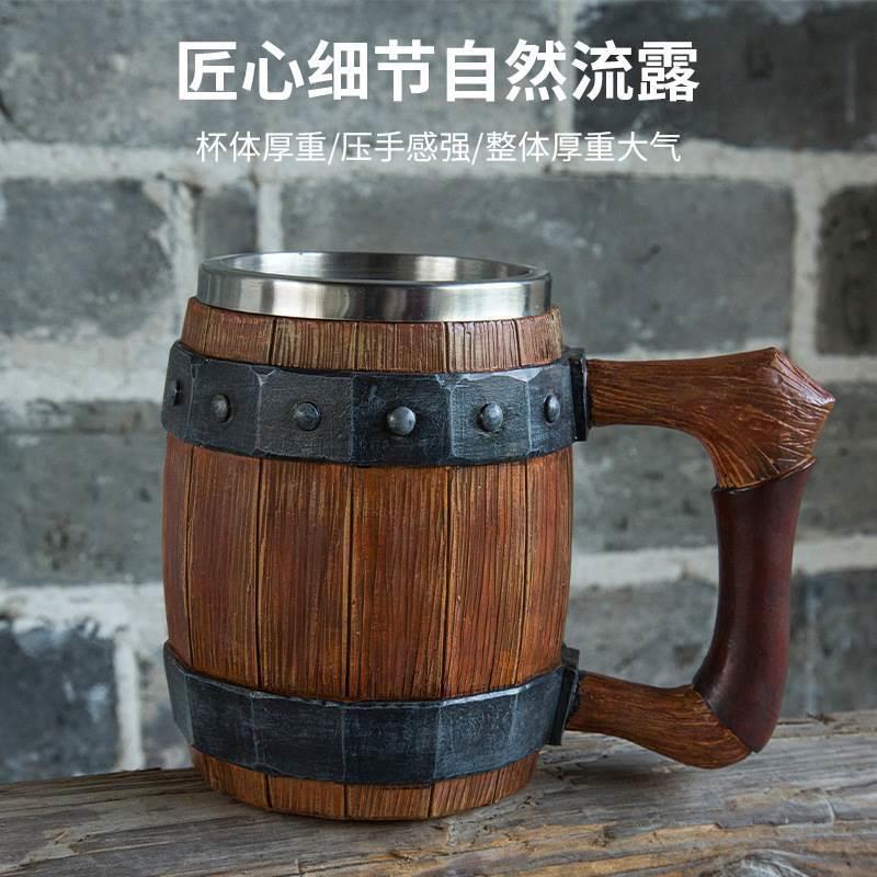 包邮新品木桶啤酒杯创意大容量酒吧马克杯水杯个性仿木不锈钢杯子