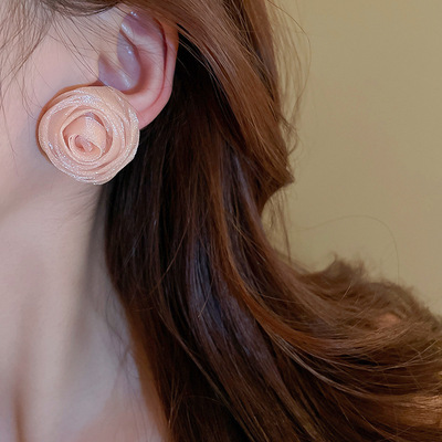 小清新亮纱布花朵型耳环甜美欧美浮夸小众耳钉时髦轻奢浪漫耳饰女
