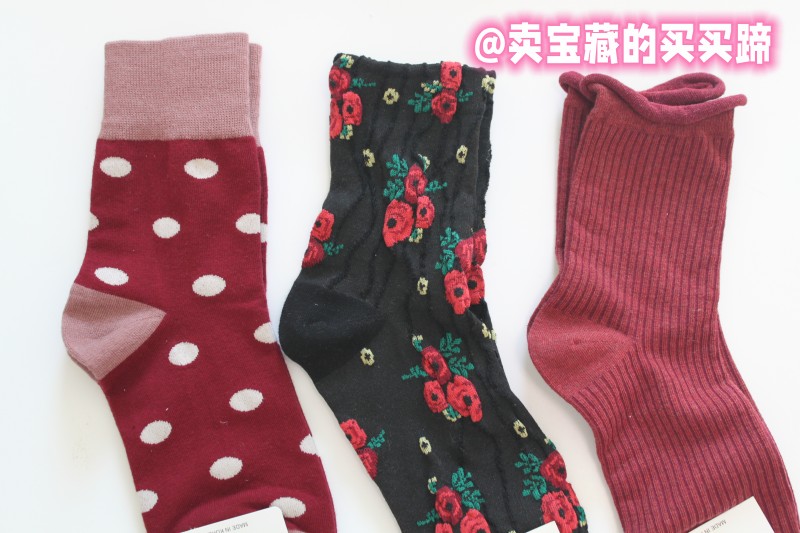 拍5包邮 韩国东大门四季百搭波点纯色复古红卷边蘑菇女中袜堆堆袜