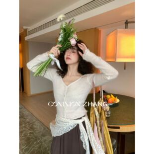 CZ ZHANG甜美撞色羊毛针织开衫女亲肤羊驼绒毛衣打底衫C15777短款