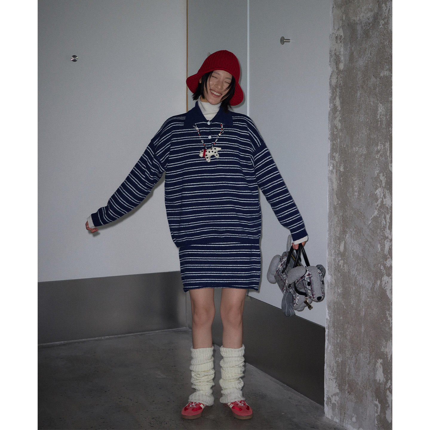 UNITY MODE 条纹Polo领针织衫上衣套装裙女冬时尚感两件套530053