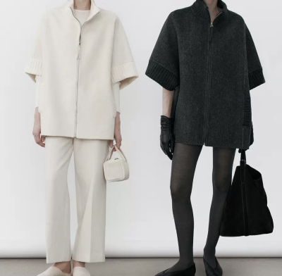 十三行斗篷式立领宽松羊毛外套冬季女五分袖双面呢大衣中长款