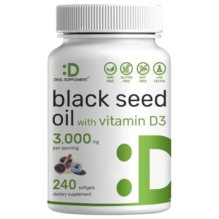 Black Seed Oil 3000mg with Vitamin D3 2000IU Per Serving，