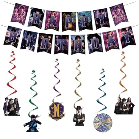 Wednesday Happy Birthday Banner With Hanging Swirls Set，W