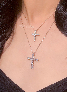 银色锆石十字架爆闪吊坠轻奢项链