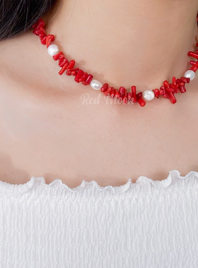 红色天然宝石珍珠项链耳饰耳坠
