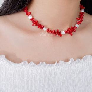 REDMOON红色天然宝石高级天然珍珠项链手链耳环耳饰耳坠套装小众