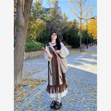 复古圆领爱心流苏针织连衣裙女秋冬小个子宽松无袖背心裙气质长裙