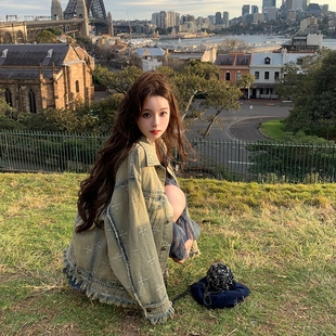 美式 设计感辣妹短裙两件套 复古印花牛仔外套女春装 搭配一整套时尚