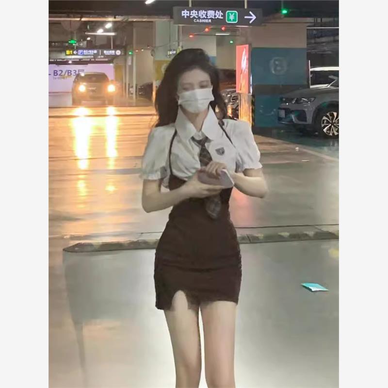 夏季学院风小个子背带裙收腰甜辣妹短裙别致裙子假两件连衣裙女装
