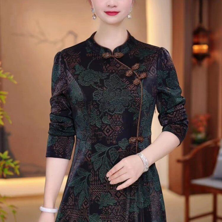 中老年妈妈装新款复古盘扣改良版旗袍裙子中式国风秋季长袖连衣裙