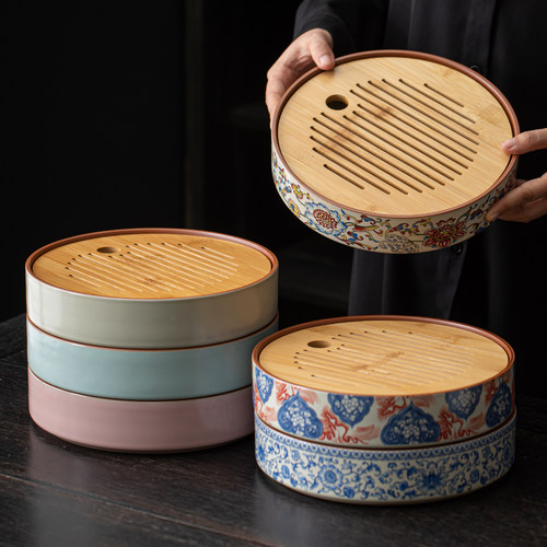 中式陶瓷茶盘圆形竹面储水茶台