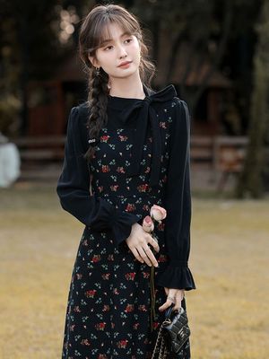 2024春秋新年战袍法式时尚套装冬季气质通勤碎花连衣裙两件套女