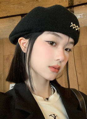 韩式风贝雷帽女秋冬季毛呢保暖百搭显脸小帽子大头围报童画家帽潮