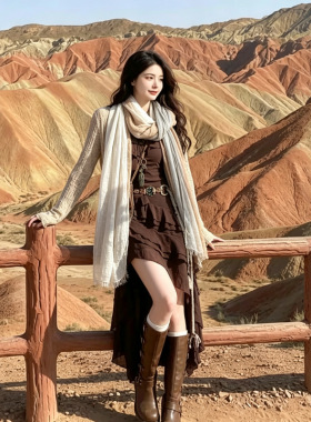 复古松弛感森系拼色围巾 自然褶皱轻薄透气感丝巾 出游百搭