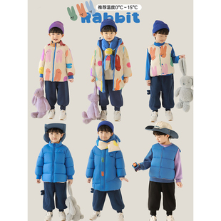 幼悠男童2025新款中长款连帽棉服加绒宽松束脚裤比耶兔系列套装潮