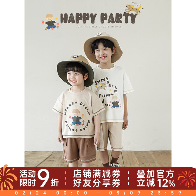 幼悠男童2025新款卡通字母印花短袖t恤夏季爆款宽松休闲工装短裤