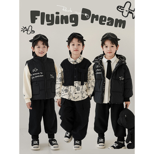 幼悠男童数码印花两面穿棉马甲连帽外套冬季新款儿童休闲加厚棉衣