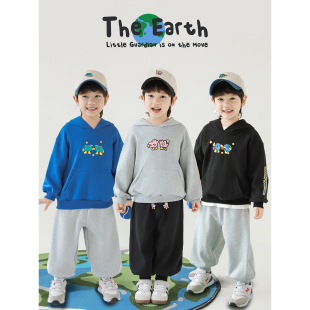 幼悠男童2026春秋新款长袖卡通连帽休闲卫衣时髦束脚运动裤套装潮