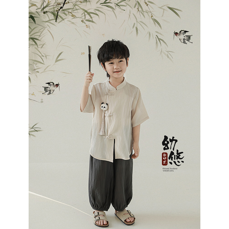 幼悠男童套装2025夏季新款中式立领熊猫短袖上衣宽松透气防蚊长裤