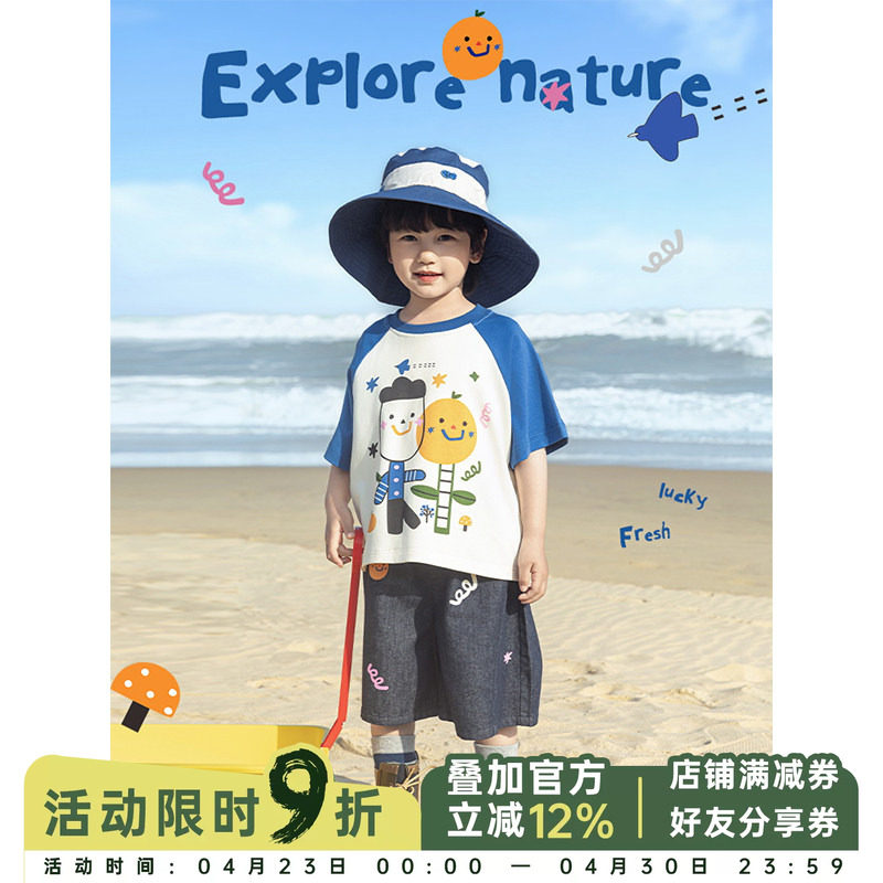 幼悠男童套装2026新款卡通圆领撞色短袖T恤夏季宽松直筒牛仔短裤